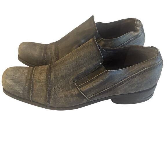 BRONX Gray Leather Men's Dress Shoes Size US 12.5 EU 47 slip ons Distressed Look - Picture 2 of 7